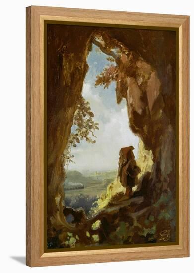 Gnom, von einer Höhle die erste Eisenbahn betrachtend-Carl Spitzweg-Framed Premier Image Canvas