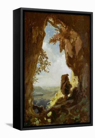 Gnom, von einer Höhle die erste Eisenbahn betrachtend-Carl Spitzweg-Framed Premier Image Canvas