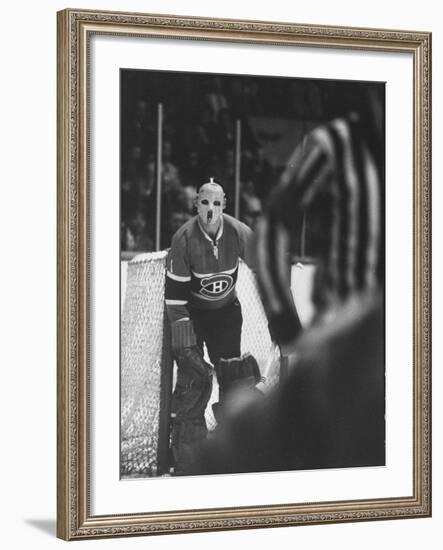 Goalie Jacques Plante Wearing Mask to Protect Face from Injuries, During Game-null-Framed Premium Photographic Print