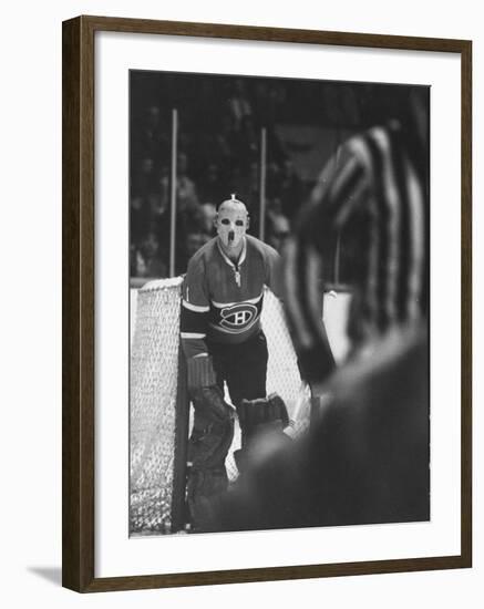 Goalie Jacques Plante Wearing Mask to Protect Face from Injuries, During Game-null-Framed Premium Photographic Print