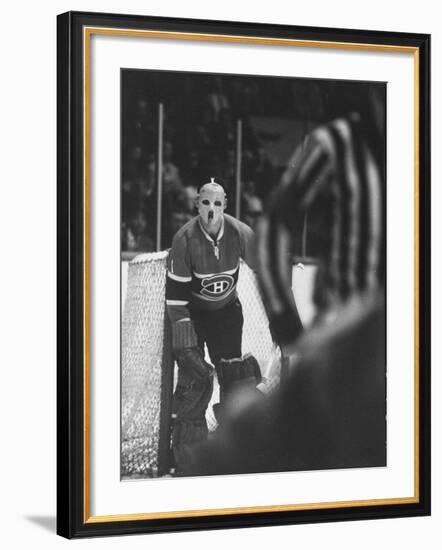 Goalie Jacques Plante Wearing Mask to Protect Face from Injuries, During Game-null-Framed Premium Photographic Print