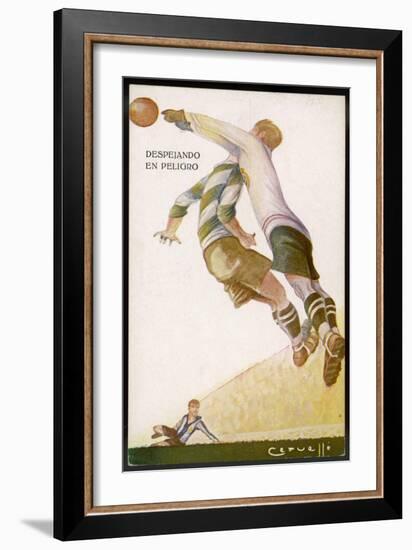 Goalkeeper Clears the Ball Away from the Striker's Head-null-Framed Art Print