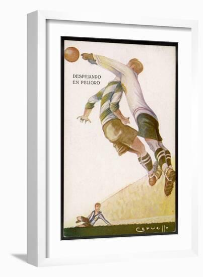 Goalkeeper Clears the Ball Away from the Striker's Head-null-Framed Art Print