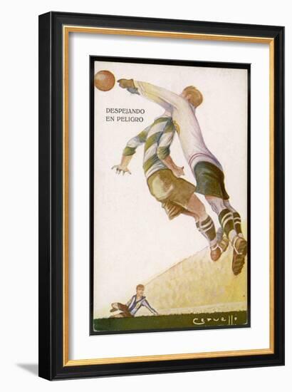 Goalkeeper Clears the Ball Away from the Striker's Head-null-Framed Art Print