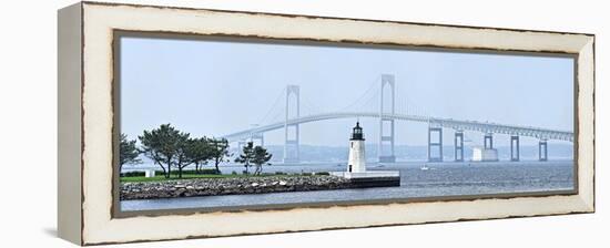 Goat Island Lighthouse with Claiborne Pell Bridge in the Background, Newport, Rhode Island, USA-null-Framed Stretched Canvas