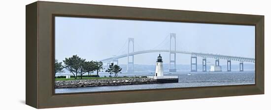 Goat Island Lighthouse with Claiborne Pell Bridge in the Background, Newport, Rhode Island, USA-null-Framed Stretched Canvas