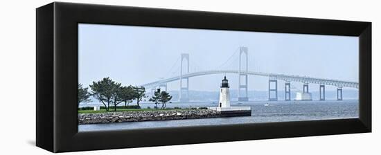 Goat Island Lighthouse with Claiborne Pell Bridge in the Background, Newport, Rhode Island, USA-null-Framed Stretched Canvas