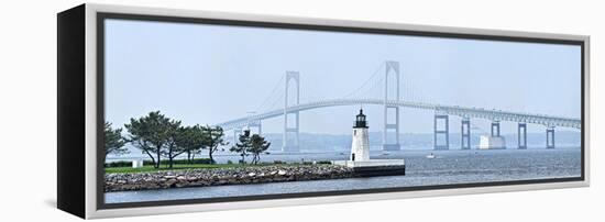 Goat Island Lighthouse with Claiborne Pell Bridge in the Background, Newport, Rhode Island, USA-null-Framed Stretched Canvas