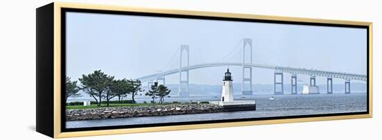 Goat Island Lighthouse with Claiborne Pell Bridge in the Background, Newport, Rhode Island, USA-null-Framed Stretched Canvas