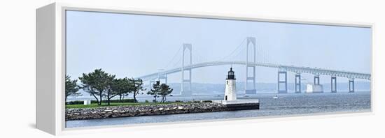 Goat Island Lighthouse with Claiborne Pell Bridge in the Background, Newport, Rhode Island, USA-null-Framed Stretched Canvas