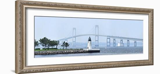 Goat Island Lighthouse with Claiborne Pell Bridge in the Background, Newport, Rhode Island, USA-null-Framed Photographic Print