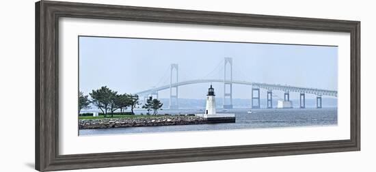 Goat Island Lighthouse with Claiborne Pell Bridge in the Background, Newport, Rhode Island, USA-null-Framed Photographic Print