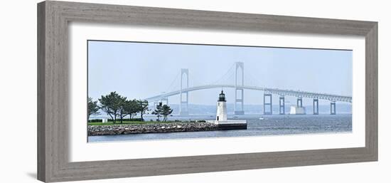 Goat Island Lighthouse with Claiborne Pell Bridge in the Background, Newport, Rhode Island, USA-null-Framed Photographic Print