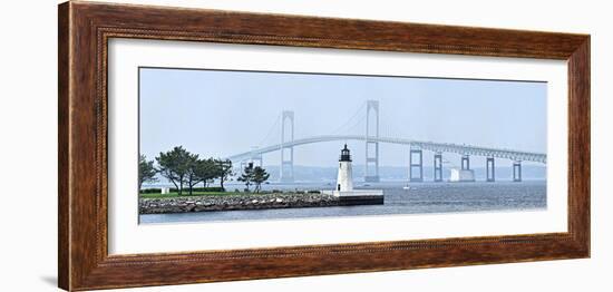 Goat Island Lighthouse with Claiborne Pell Bridge in the Background, Newport, Rhode Island, USA-null-Framed Photographic Print