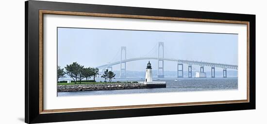 Goat Island Lighthouse with Claiborne Pell Bridge in the Background, Newport, Rhode Island, USA-null-Framed Photographic Print