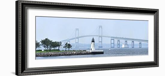 Goat Island Lighthouse with Claiborne Pell Bridge in the Background, Newport, Rhode Island, USA-null-Framed Photographic Print