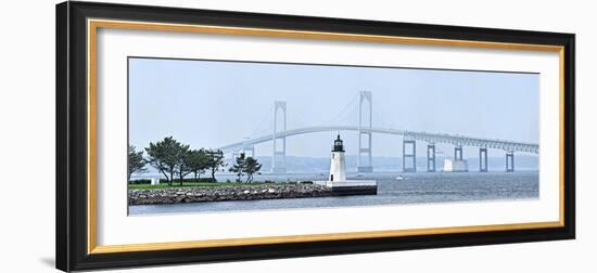 Goat Island Lighthouse with Claiborne Pell Bridge in the Background, Newport, Rhode Island, USA-null-Framed Photographic Print