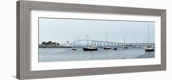 Goat Island Lighthouse with Claiborne Pell Bridge in the Background, Newport, Rhode Island, USA-null-Framed Photographic Print