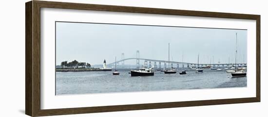 Goat Island Lighthouse with Claiborne Pell Bridge in the Background, Newport, Rhode Island, USA-null-Framed Photographic Print