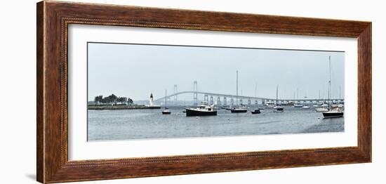 Goat Island Lighthouse with Claiborne Pell Bridge in the Background, Newport, Rhode Island, USA-null-Framed Photographic Print