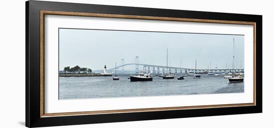 Goat Island Lighthouse with Claiborne Pell Bridge in the Background, Newport, Rhode Island, USA-null-Framed Photographic Print