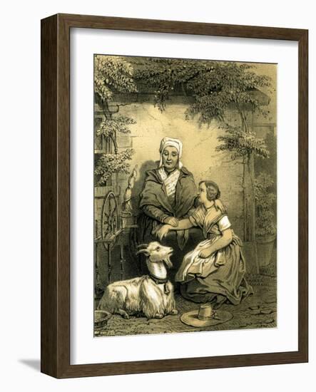 Goat Woman Girl Spinning Wheel 19th Century Hat Garden-null-Framed Giclee Print