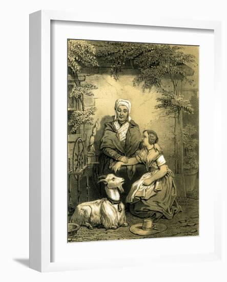 Goat Woman Girl Spinning Wheel 19th Century Hat Garden-null-Framed Giclee Print