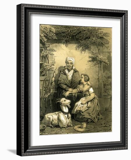 Goat Woman Girl Spinning Wheel 19th Century Hat Garden-null-Framed Giclee Print