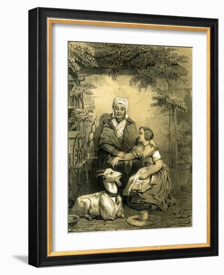 Goat Woman Girl Spinning Wheel 19th Century Hat Garden-null-Framed Giclee Print