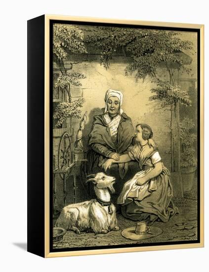 Goat Woman Girl Spinning Wheel 19th Century Hat Garden-null-Framed Premier Image Canvas