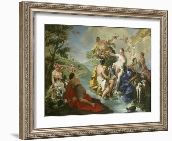 Goddess Diana and Nymphs and Actaeon Torn to Pieces by His Hounds or Dogs-Giovanni Battista Pittoni-Framed Giclee Print