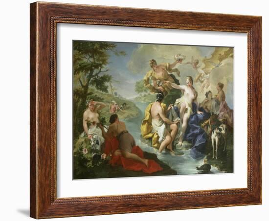 Goddess Diana and Nymphs and Actaeon Torn to Pieces by His Hounds or Dogs-Giovanni Battista Pittoni-Framed Giclee Print