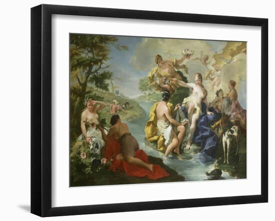 Goddess Diana and Nymphs and Actaeon Torn to Pieces by His Hounds or Dogs-Giovanni Battista Pittoni-Framed Giclee Print