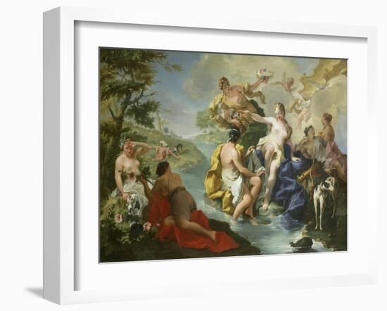 Goddess Diana and Nymphs and Actaeon Torn to Pieces by His Hounds or Dogs-Giovanni Battista Pittoni-Framed Giclee Print