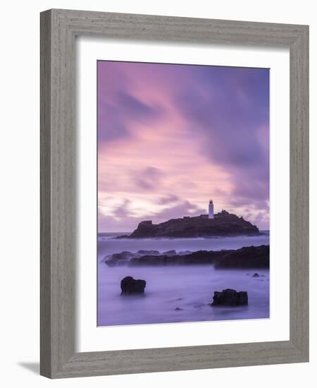 Godrevy Lighthouse at dusk, St. Ives Bay, Cornwall, England-Ross Hoddinott-Framed Photographic Print