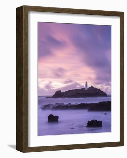 Godrevy Lighthouse at dusk, St. Ives Bay, Cornwall, England-Ross Hoddinott-Framed Photographic Print