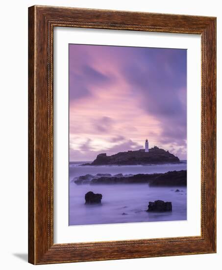 Godrevy Lighthouse at dusk, St. Ives Bay, Cornwall, England-Ross Hoddinott-Framed Photographic Print