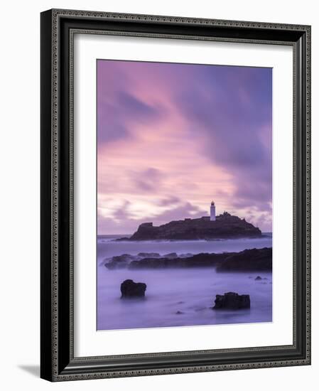 Godrevy Lighthouse at dusk, St. Ives Bay, Cornwall, England-Ross Hoddinott-Framed Photographic Print