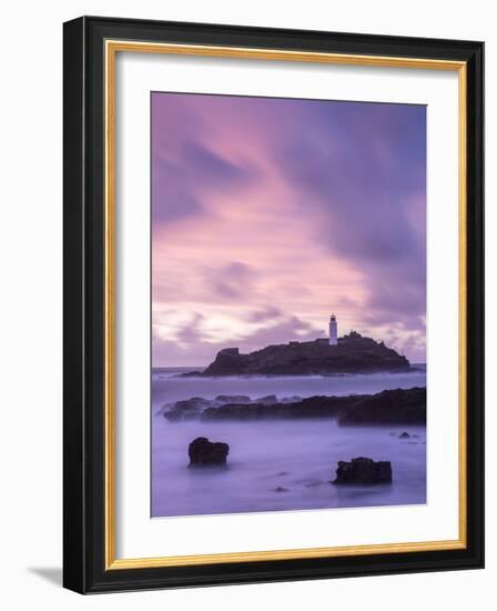 Godrevy Lighthouse at dusk, St. Ives Bay, Cornwall, England-Ross Hoddinott-Framed Photographic Print