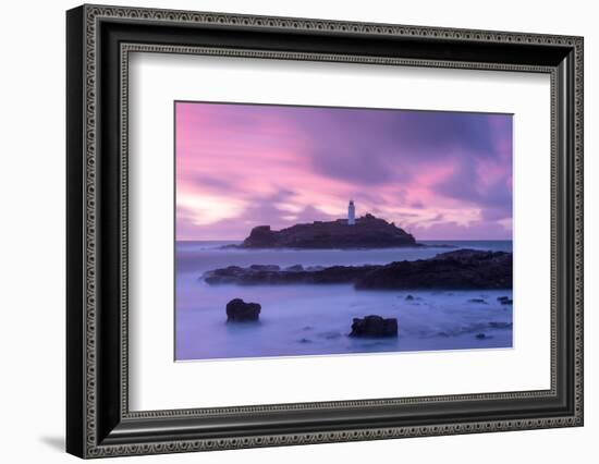 Godrevy Lighthouse at dusk, St. Ives Bay, Cornwall, UK-Ross Hoddinott-Framed Photographic Print