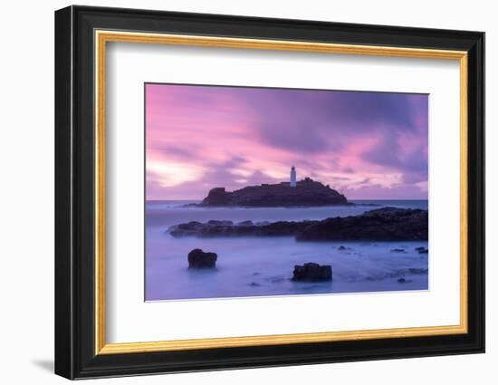 Godrevy Lighthouse at dusk, St. Ives Bay, Cornwall, UK-Ross Hoddinott-Framed Photographic Print