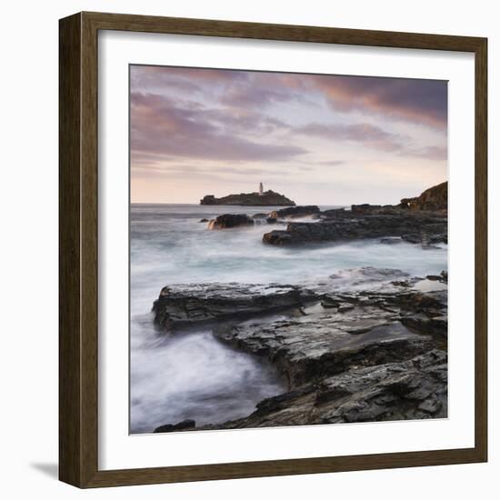 Godrevy Lighthouse off the rocky coast of Godrevy Point, Cornwall, England. Autumn (October) 2009.-Adam Burton-Framed Photographic Print