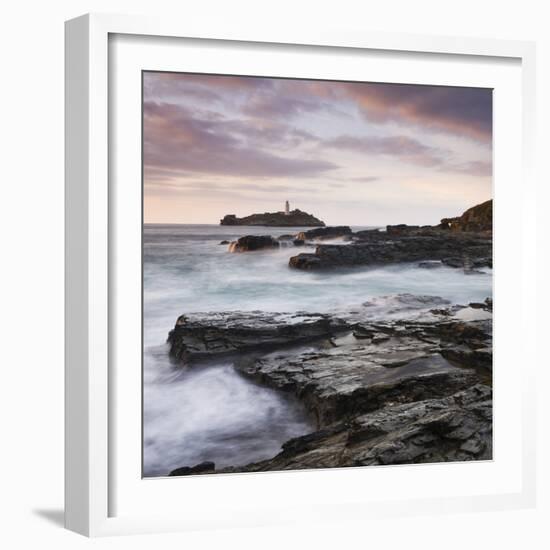 Godrevy Lighthouse off the rocky coast of Godrevy Point, Cornwall, England. Autumn (October) 2009.-Adam Burton-Framed Photographic Print