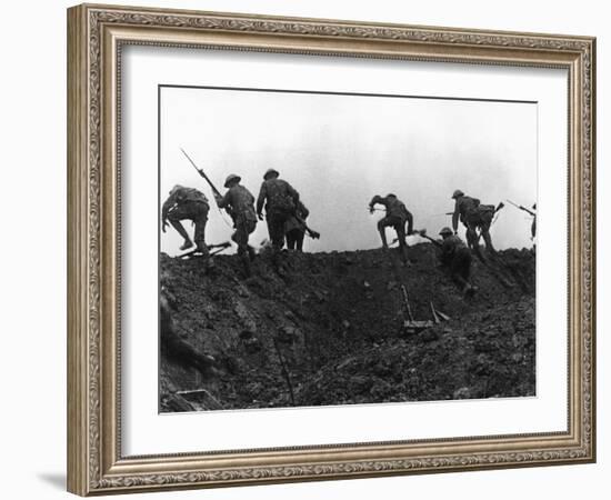 Going Over the Top, Soldiers Climbing over Trench on First Day of Battle of Somme, July 1, 1916-null-Framed Giclee Print