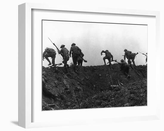 Going Over the Top, Soldiers Climbing over Trench on First Day of Battle of Somme, July 1, 1916-null-Framed Giclee Print