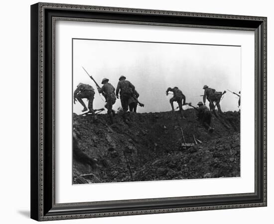 Going Over the Top, Soldiers Climbing over Trench on First Day of Battle of Somme, July 1, 1916-null-Framed Giclee Print