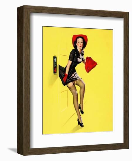 "Going Up" Retro Pin-Up Girl with Dress Caught in Elevator by Gil Elvgren-Piddix-Framed Art Print