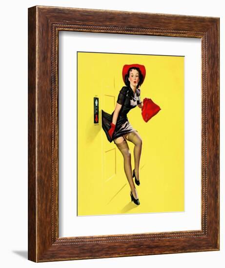 "Going Up" Retro Pin-Up Girl with Dress Caught in Elevator by Gil Elvgren-Piddix-Framed Art Print