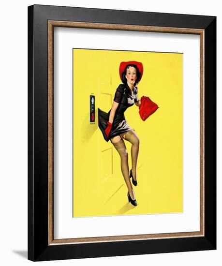 "Going Up" Retro Pin-Up Girl with Dress Caught in Elevator by Gil Elvgren-Piddix-Framed Art Print