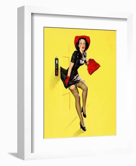 "Going Up" Retro Pin-Up Girl with Dress Caught in Elevator by Gil Elvgren-Piddix-Framed Art Print